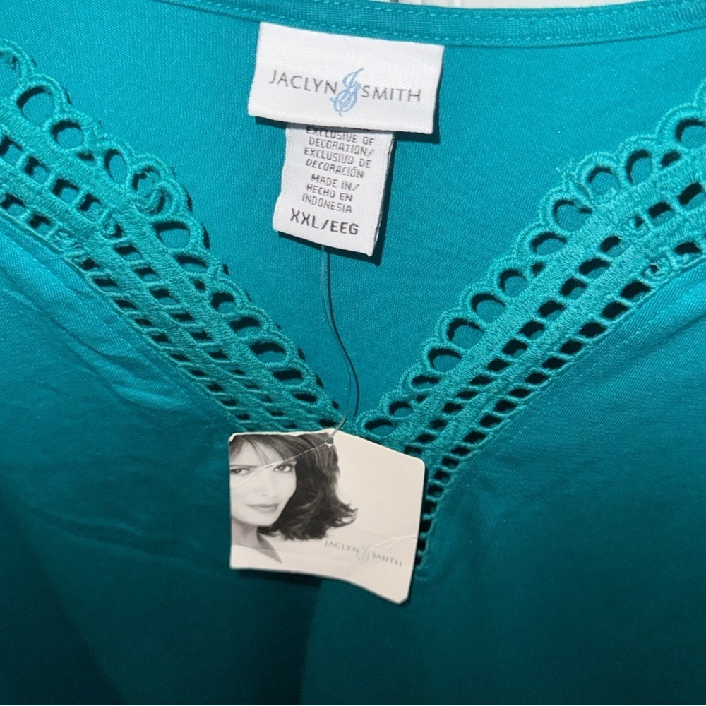 Jaclyn Smith NWT XXL Aqua Teal Green Crochet V-Neck Tunic Top Shirt Blouse Plus - Picture 7 of 13